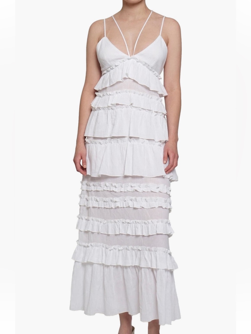 KNOW ONE CARES WHITE TIERED RUFFLE MAXI DRESS SIZE M NWT